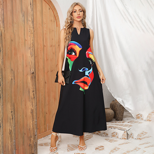 Ladies Spring Black Sleeveless Summer Long Dress