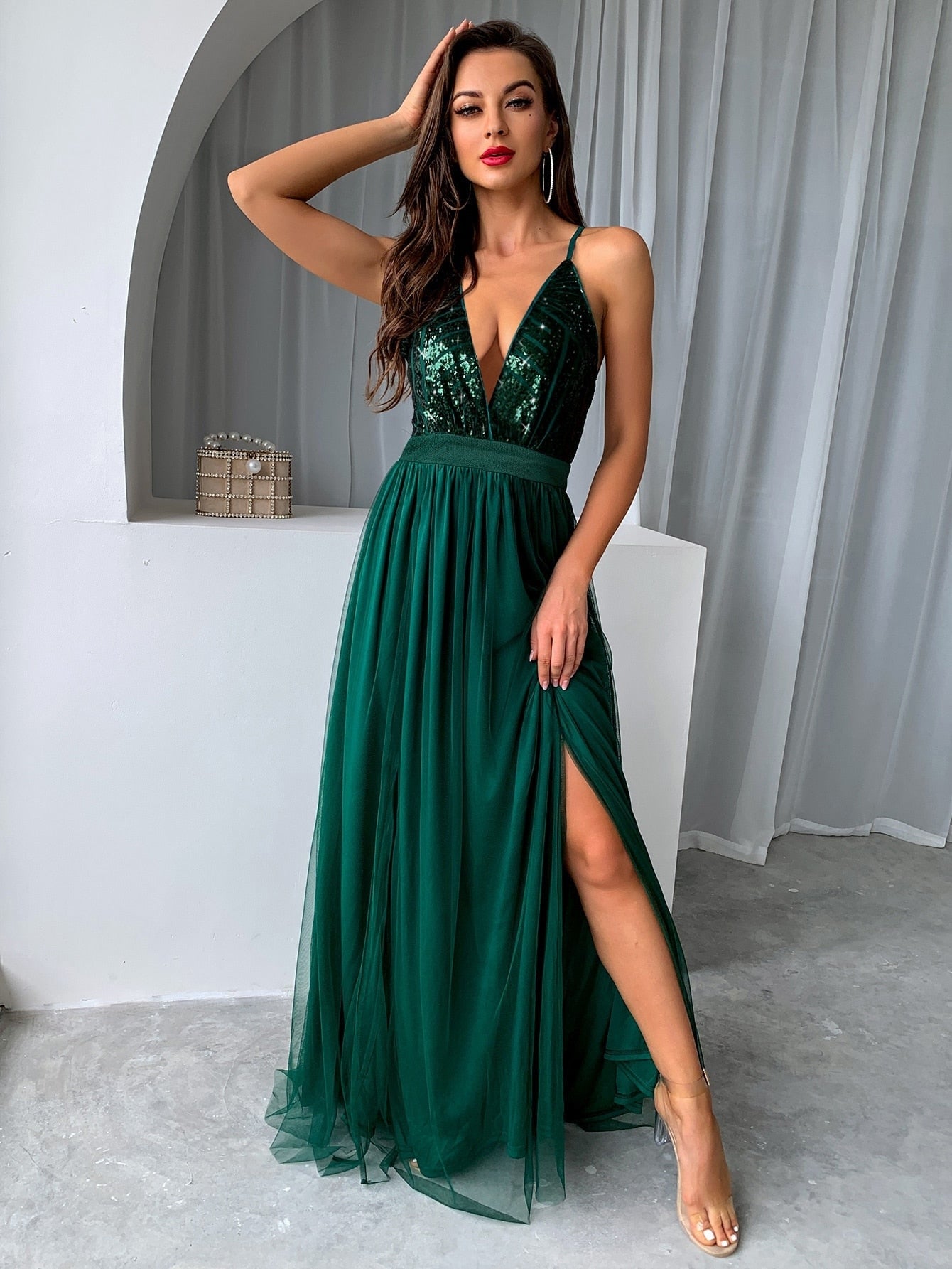 Mesh Sequins V-neck Maxi Dress