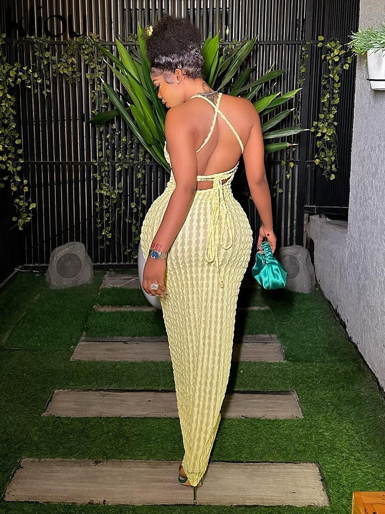 Solid Ruched Spaghetti Strap Bandage Maxi Dress