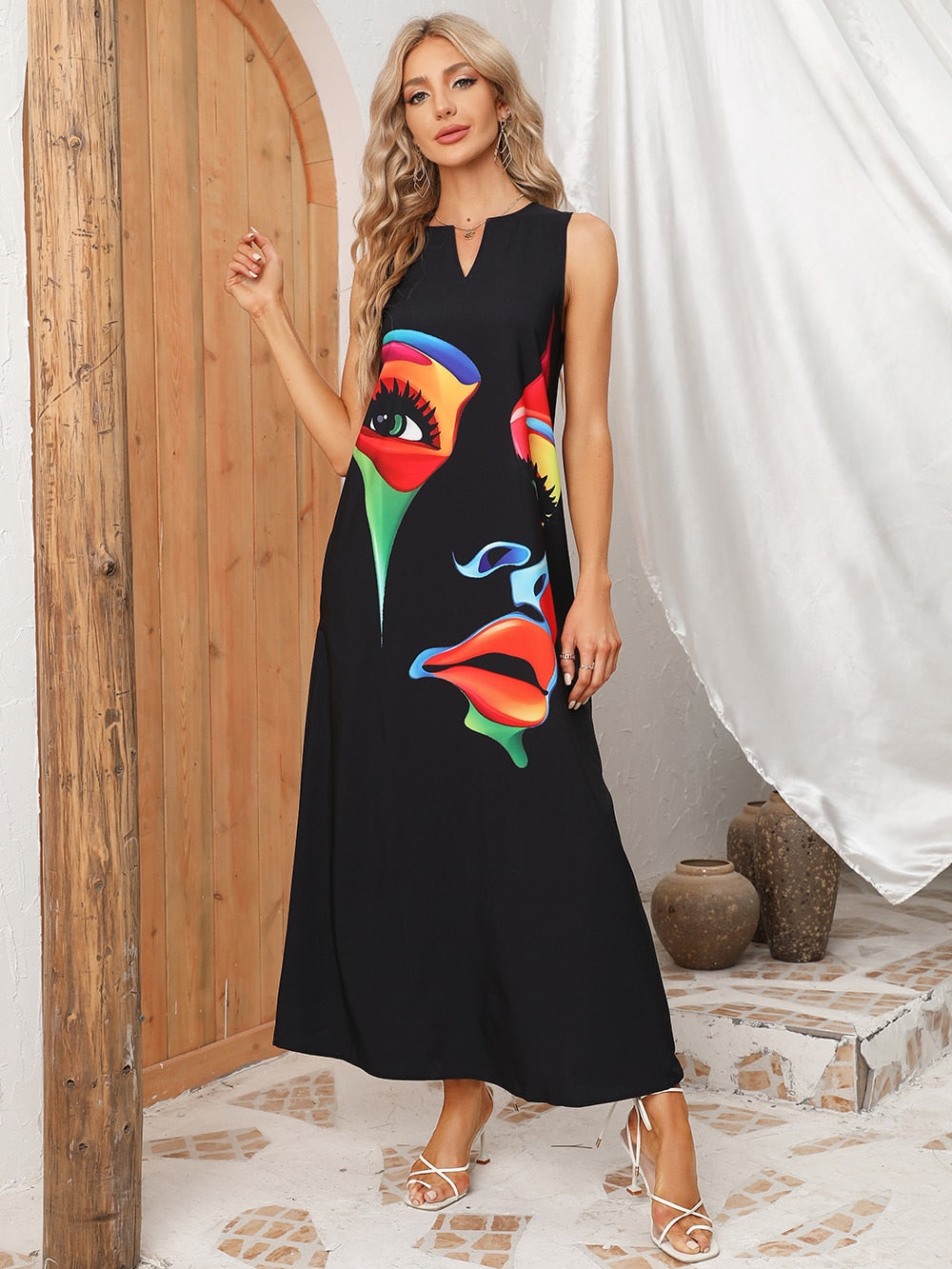 Ladies Spring Black Sleeveless Summer Long Dress