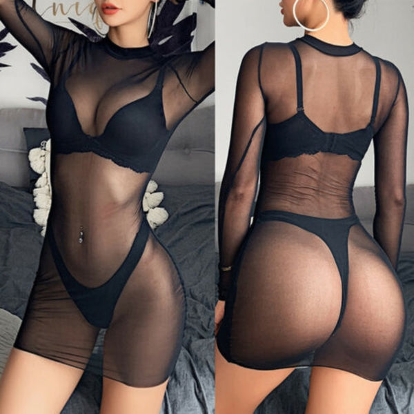 Sexy Pure Net Yarn Long-Sleeved Crop Top Mini Dress