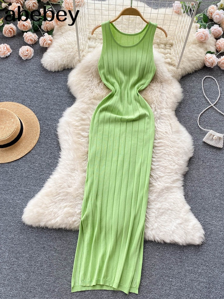 Summer Knit Strap Bodycon Maxi Dress