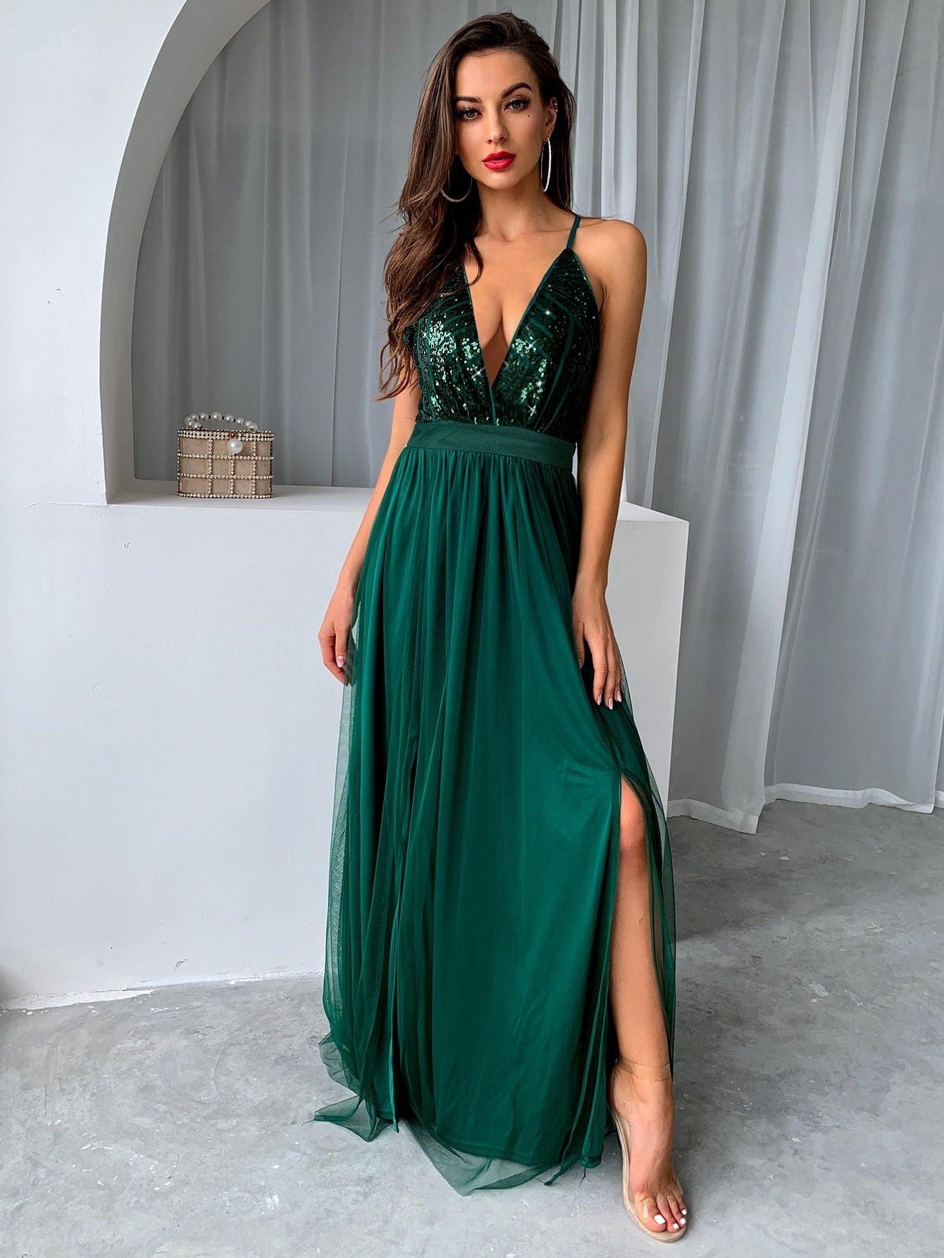 Mesh Sequins V-neck Maxi Dress