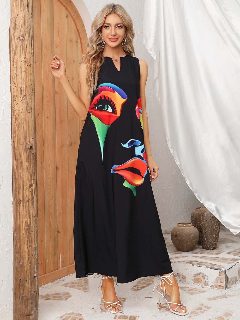 Ladies Spring Black Sleeveless Summer Long Dress