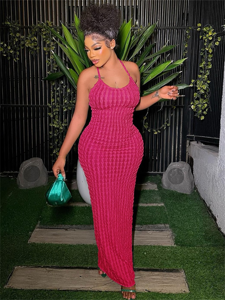 Solid Ruched Spaghetti Strap Bandage Maxi Dress