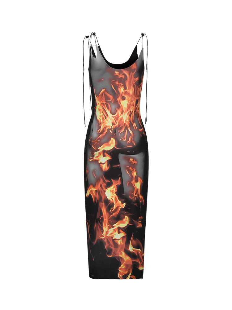 Flame Print Tie Maxi Dress