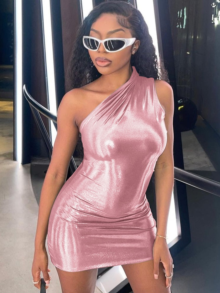 One Shoulder Metallic Mini Dress