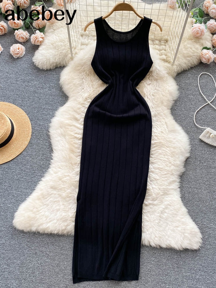 Summer Knit Strap Bodycon Maxi Dress