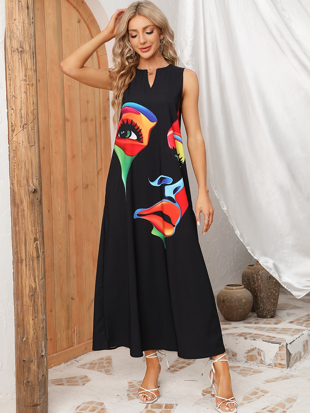 Ladies Spring Black Sleeveless Summer Long Dress