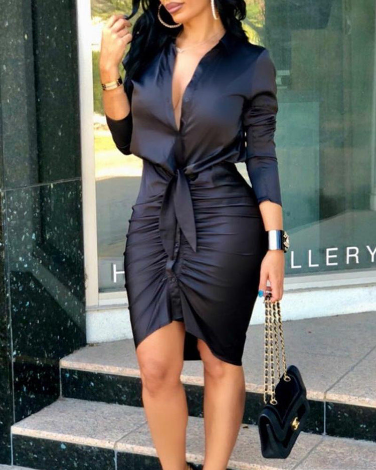 Women Lace-up Solid Color Long Sleeve Midi Dress Shirt Dress Elegant Fashion Party Dress - AllForU