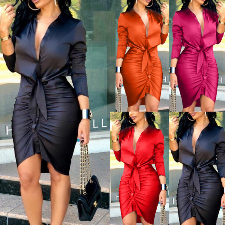 Women Lace-up Solid Color Long Sleeve Midi Dress Shirt Dress Elegant Fashion Party Dress - AllForU