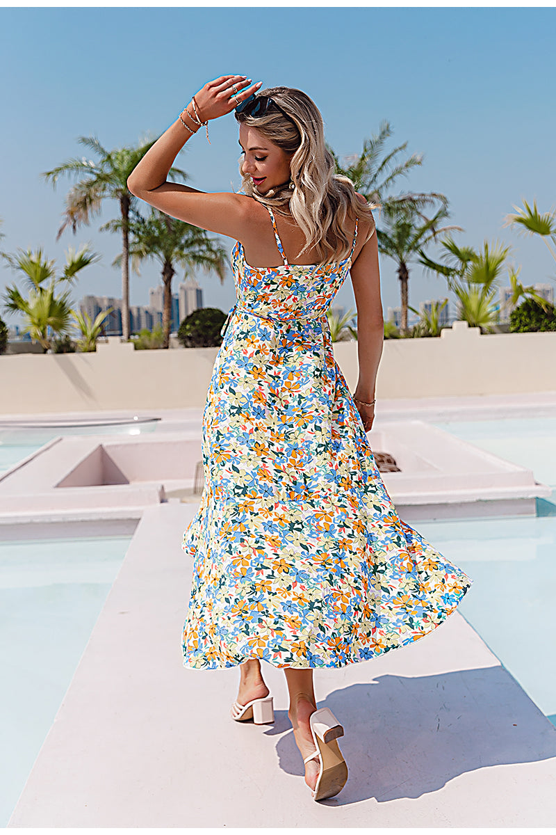 Bohemian Seaside Resort Dress With Printed Slit Sling Skirt - AllForU