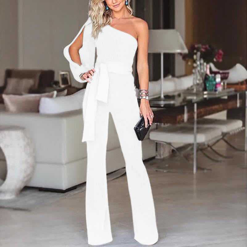 Ladies High Waist Slim One-Shoulder Jumpsuit - AllForU