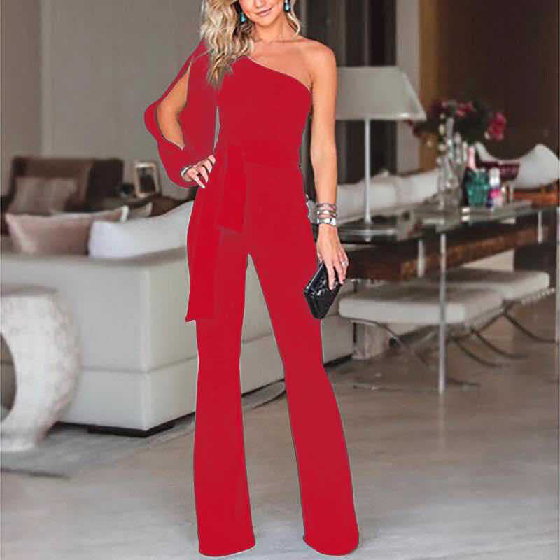 Ladies High Waist Slim One-Shoulder Jumpsuit - AllForU