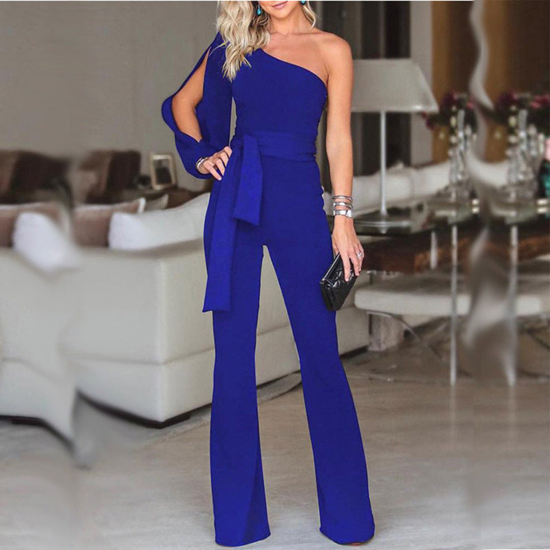 Ladies High Waist Slim One-Shoulder Jumpsuit - AllForU