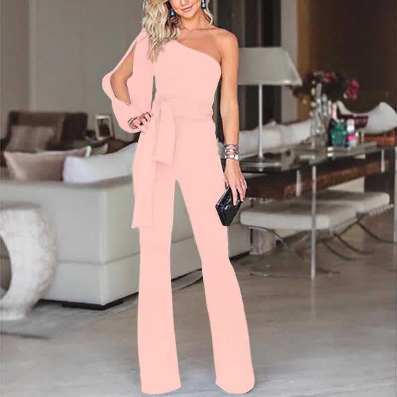 Ladies High Waist Slim One-Shoulder Jumpsuit - AllForU