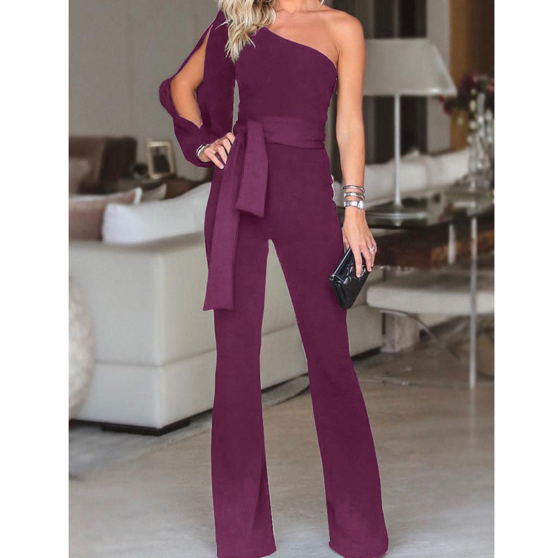 Ladies High Waist Slim One-Shoulder Jumpsuit - AllForU