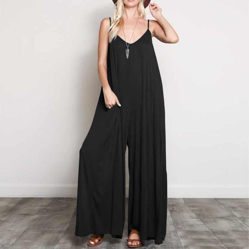 Summer Women Sexy V Neck Long Jumpsuits Casual Loose Rompers Overalls Wide Leg Mono Bodysuit Playsuits Plus Size 5XL - AllForU