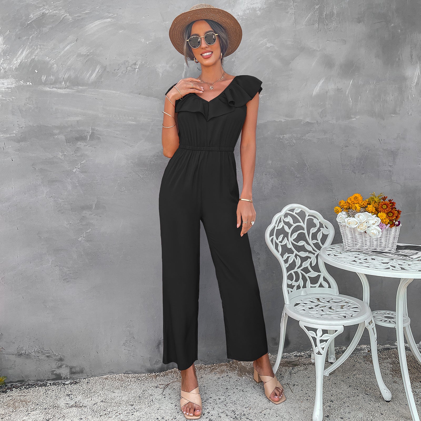 European And American Women's Solid Color Open Back Jumpsuit Summer Off Shoulder Casual Sundress Women Beachwear Jumpsuit Ruffle High Waist Jumpsuits Female Overalls Body Mujer - AllForU