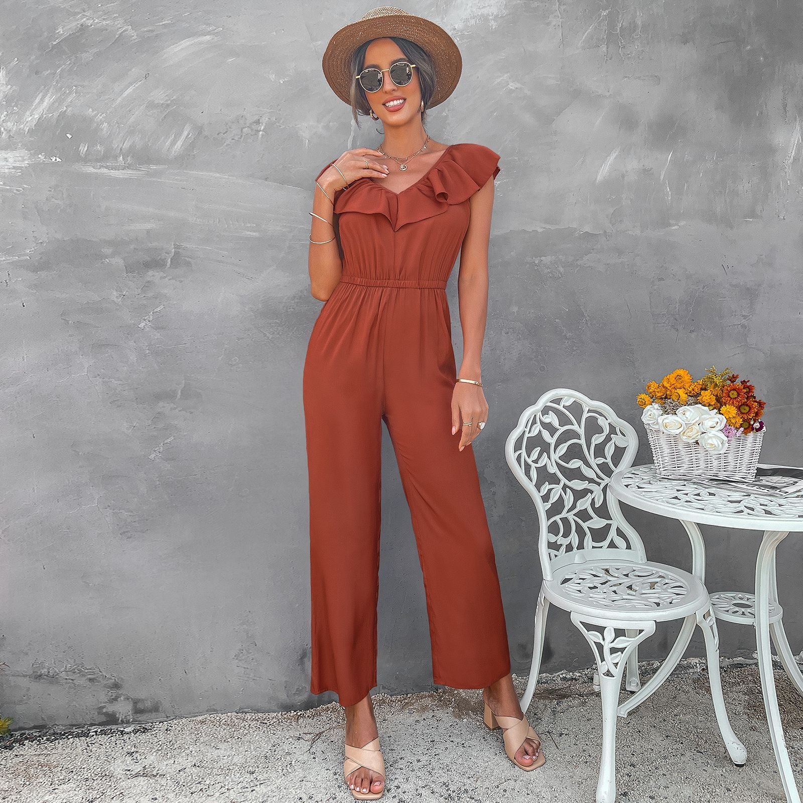 European And American Women's Solid Color Open Back Jumpsuit Summer Off Shoulder Casual Sundress Women Beachwear Jumpsuit Ruffle High Waist Jumpsuits Female Overalls Body Mujer - AllForU