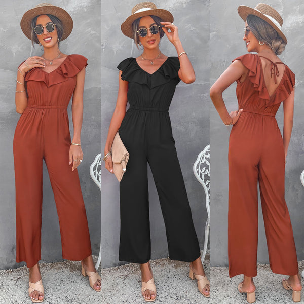 European And American Women's Solid Color Open Back Jumpsuit Summer Off Shoulder Casual Sundress Women Beachwear Jumpsuit Ruffle High Waist Jumpsuits Female Overalls Body Mujer - AllForU