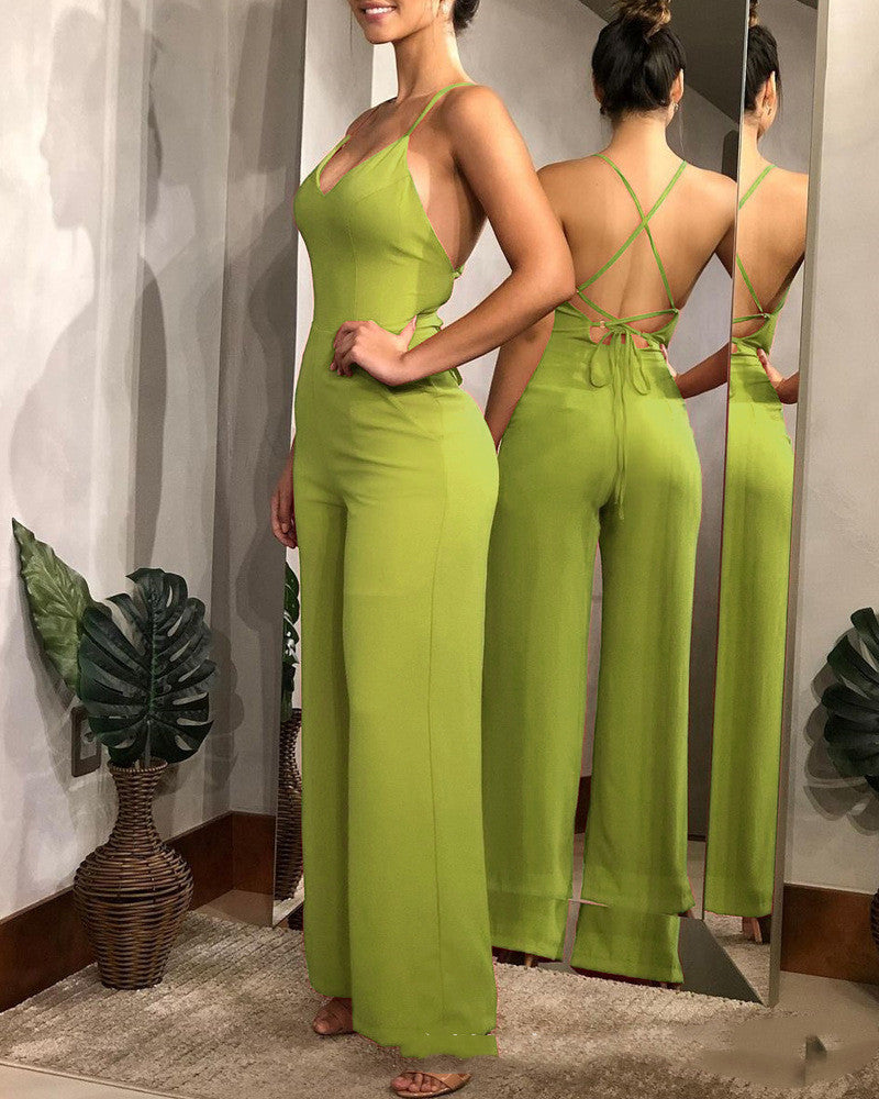 Pure Color Sexy Strappy Suspender Jumpsuit - AllForU